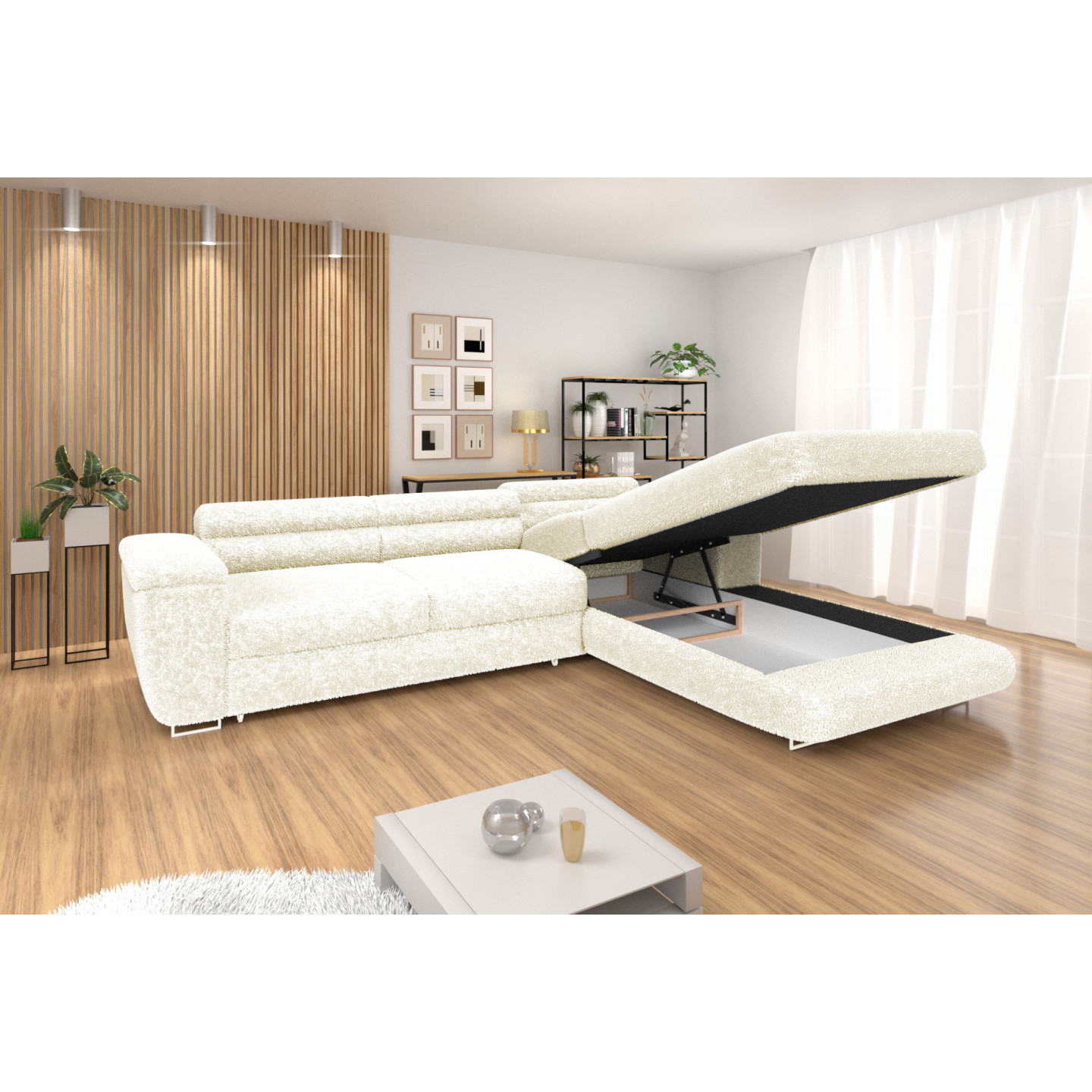 Ecksofa BONJOUR – Bouclé, Schlaffunktion, Bettkasten & Kopfstützen