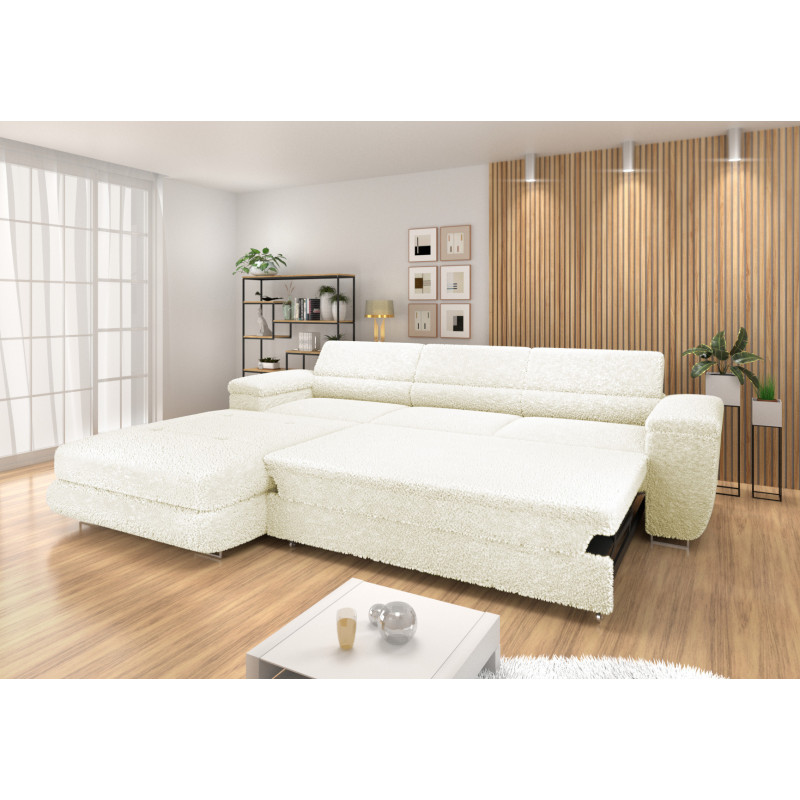 Ecksofa BONJOUR – Bouclé, Schlaffunktion, Bettkasten & Kopfstützen