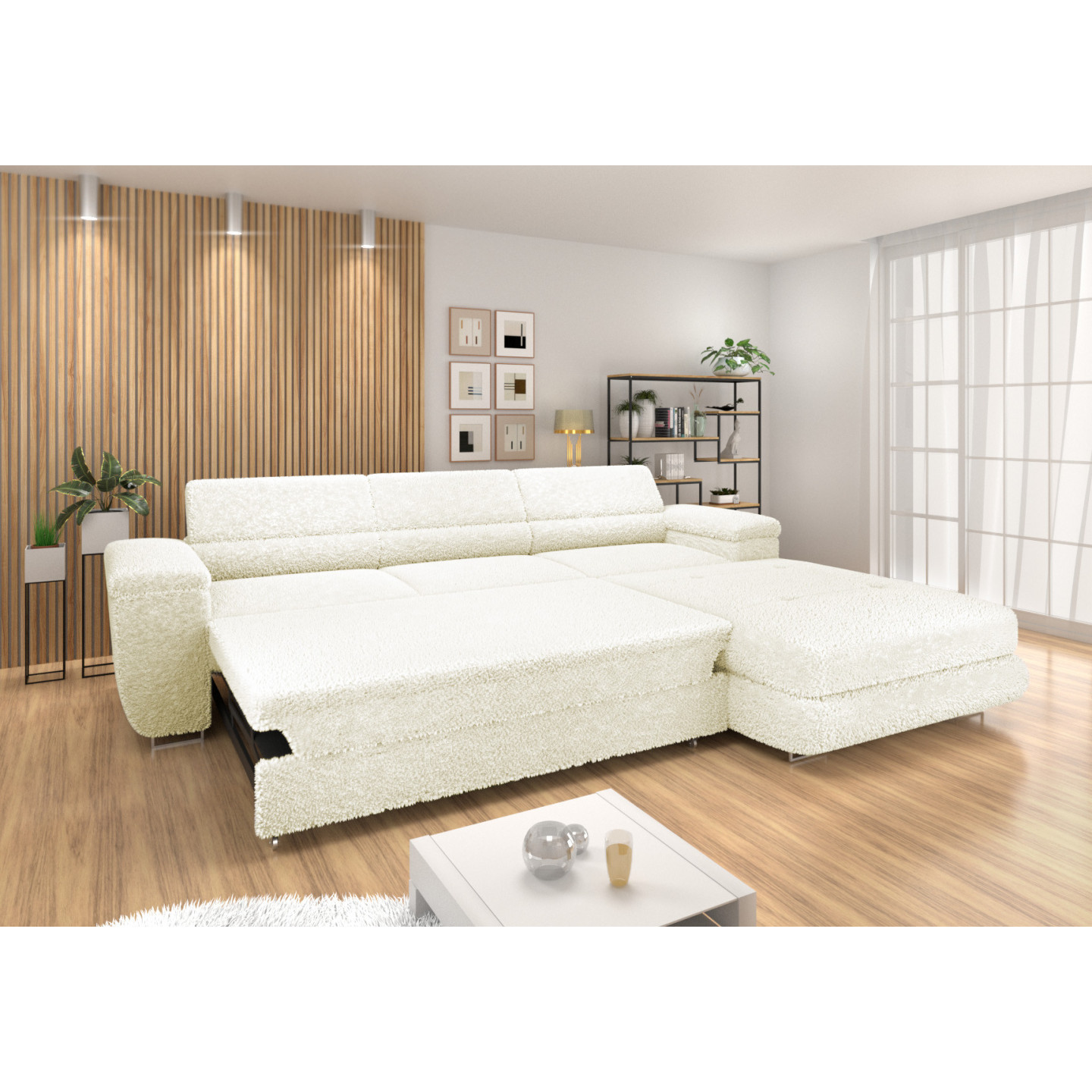 Ecksofa BONJOUR – Bouclé, Schlaffunktion, Bettkasten & Kopfstützen