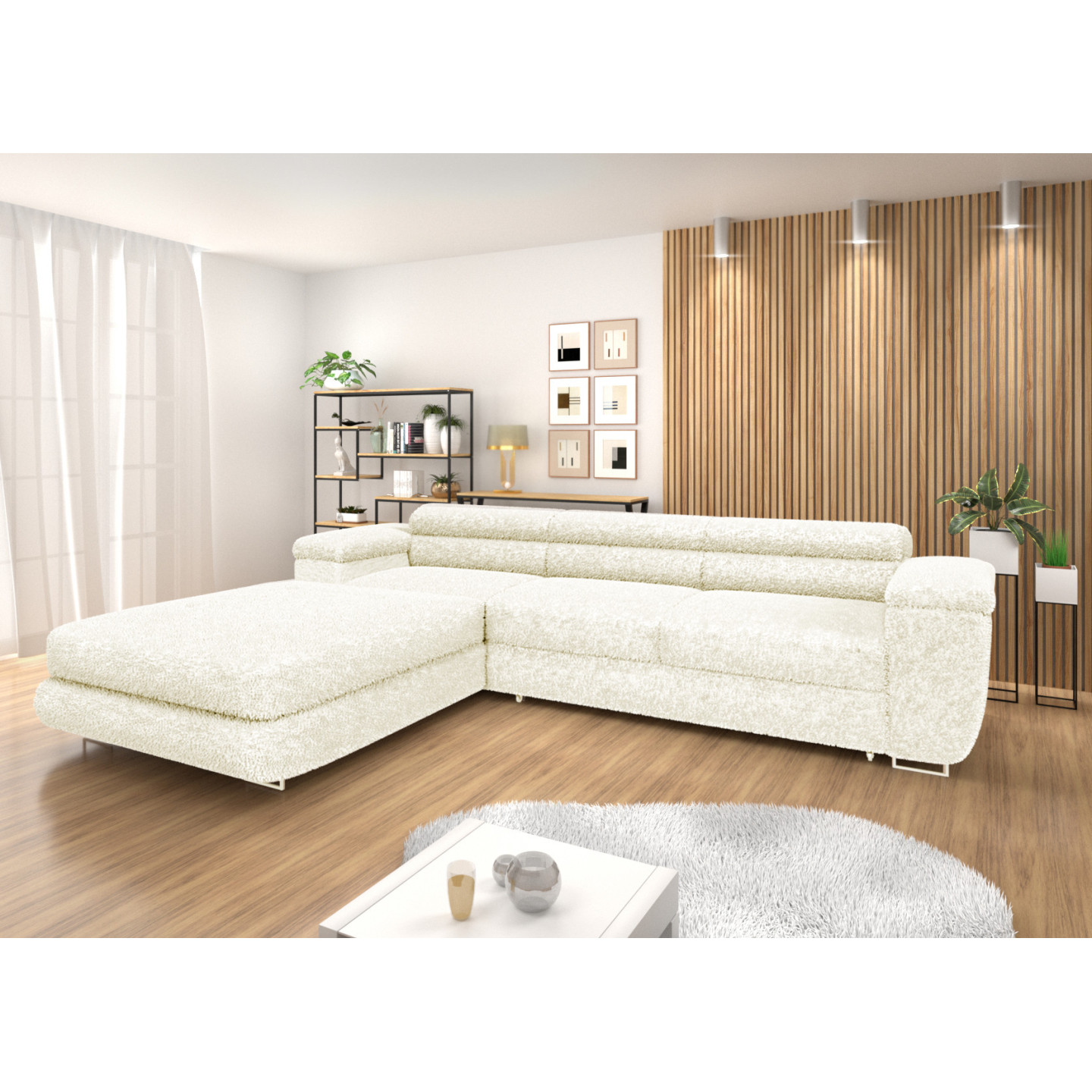 Ecksofa BONJOUR – Bouclé, Schlaffunktion, Bettkasten & Kopfstützen