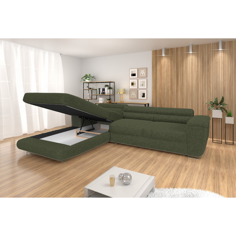 Ecksofa BONJOUR – Bouclé, Schlaffunktion, Bettkasten & Kopfstützen