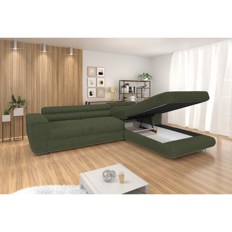 Ecksofa BONJOUR – Bouclé, Schlaffunktion, Bettkasten & Kopfstützen