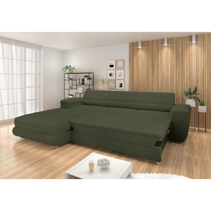 Ecksofa BONJOUR – Bouclé, Schlaffunktion, Bettkasten & Kopfstützen