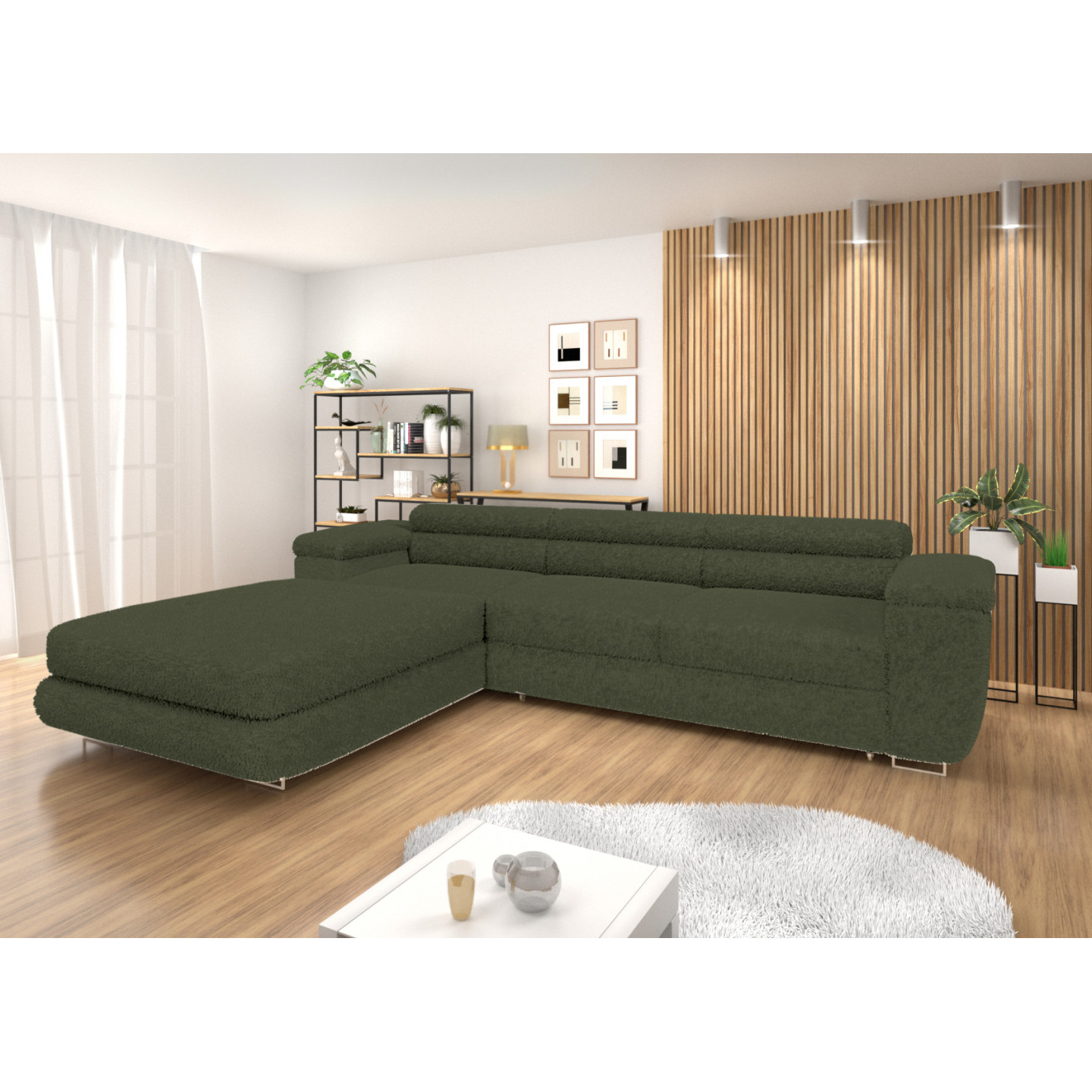 Ecksofa BONJOUR – Bouclé, Schlaffunktion, Bettkasten & Kopfstützen