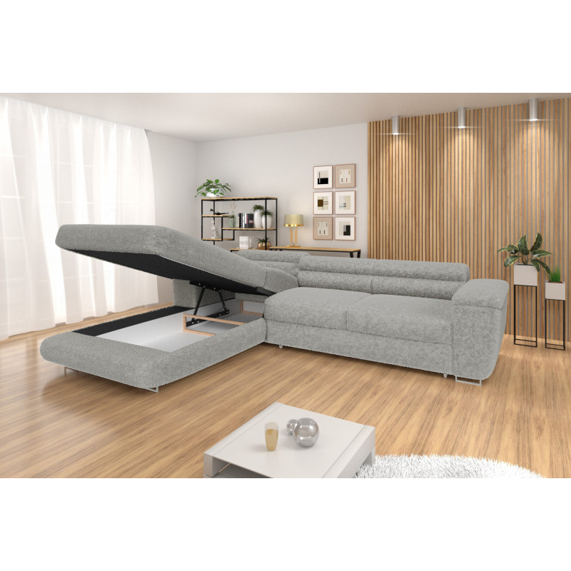 Ecksofa BONJOUR – Bouclé, Schlaffunktion, Bettkasten & Kopfstützen
