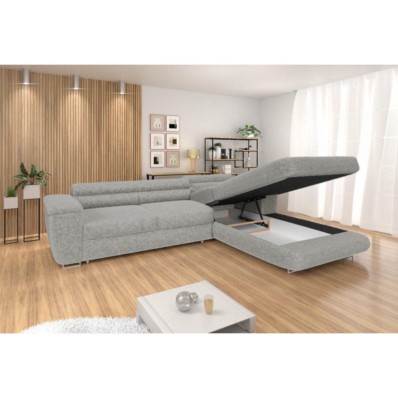 Ecksofa BONJOUR – Bouclé, Schlaffunktion, Bettkasten & Kopfstützen