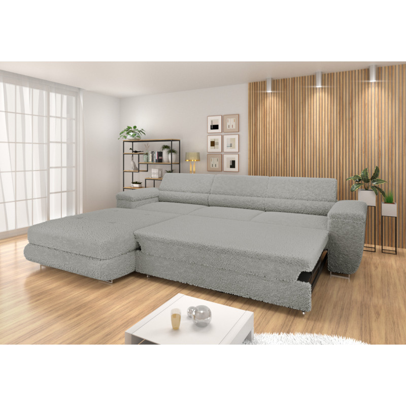 Ecksofa BONJOUR – Bouclé, Schlaffunktion, Bettkasten & Kopfstützen