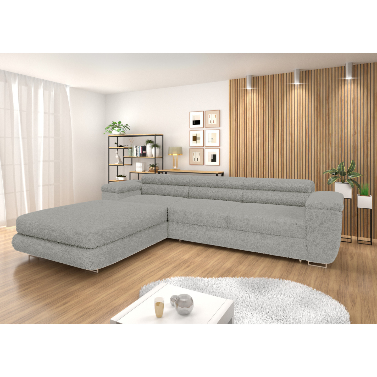 Ecksofa BONJOUR – Bouclé, Schlaffunktion, Bettkasten & Kopfstützen