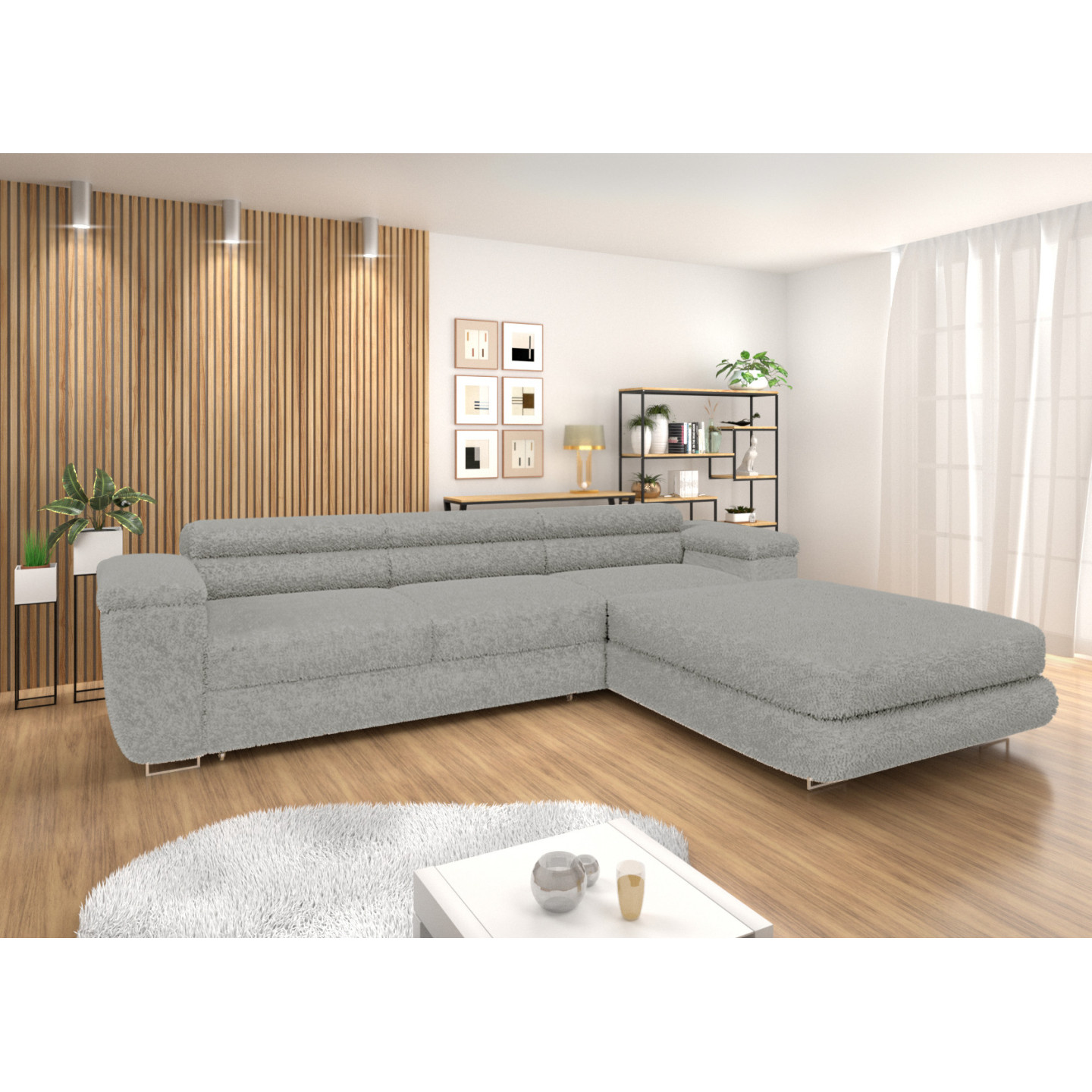 Ecksofa BONJOUR – Bouclé, Schlaffunktion, Bettkasten & Kopfstützen