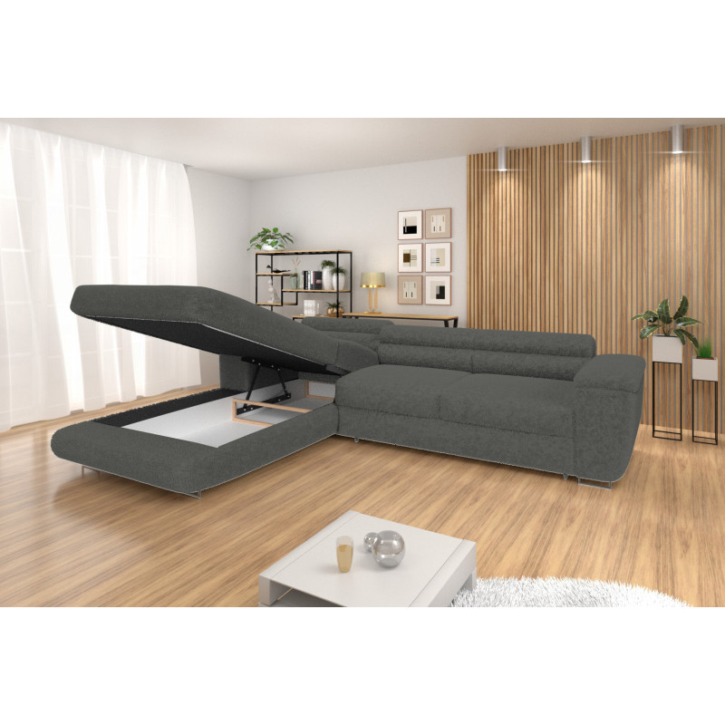 Ecksofa BONJOUR – Bouclé, Schlaffunktion, Bettkasten & Kopfstützen
