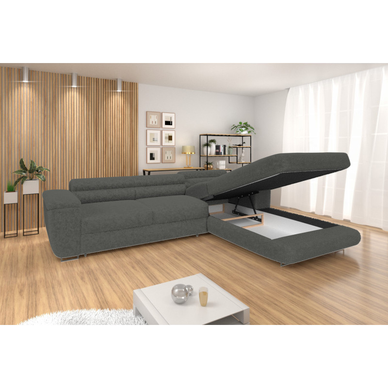 Ecksofa BONJOUR – Bouclé, Schlaffunktion, Bettkasten & Kopfstützen