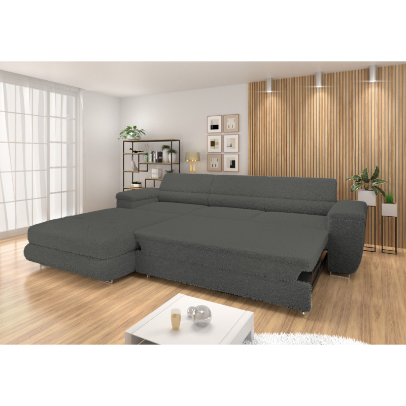 Ecksofa BONJOUR – Bouclé, Schlaffunktion, Bettkasten & Kopfstützen