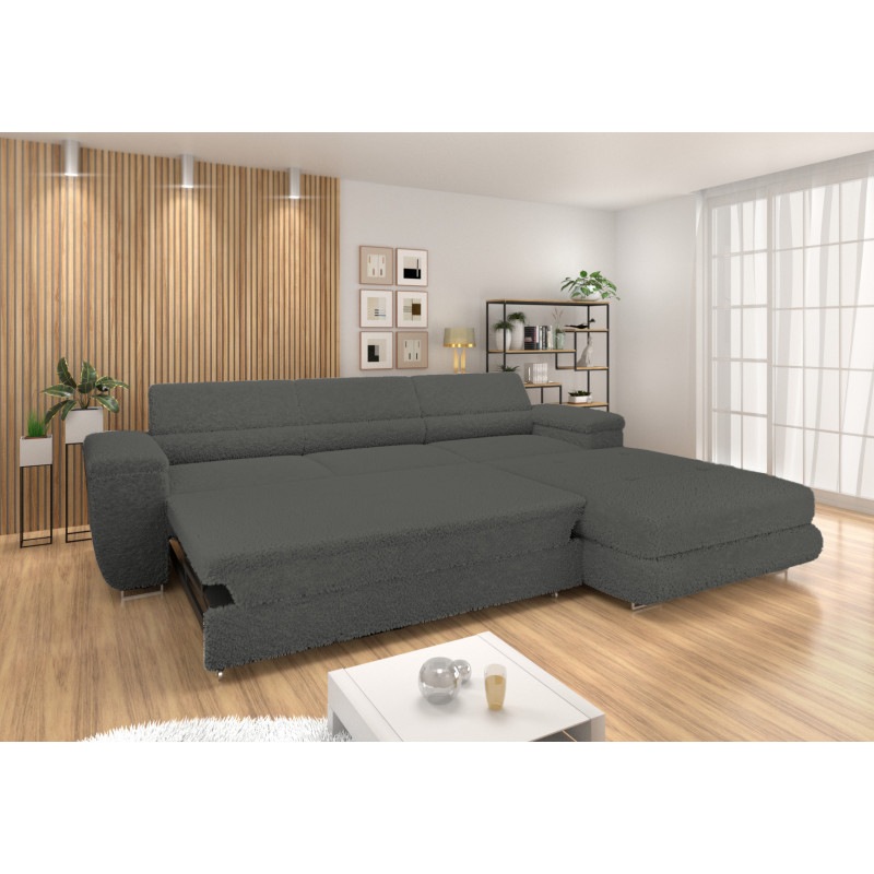 Ecksofa BONJOUR – Bouclé, Schlaffunktion, Bettkasten & Kopfstützen