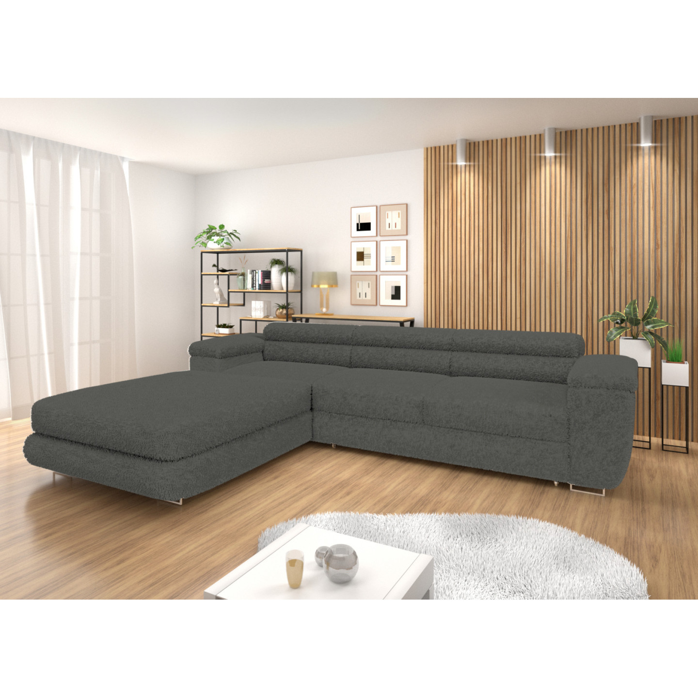 Ecksofa BONJOUR – Bouclé, Schlaffunktion, Bettkasten & Kopfstützen