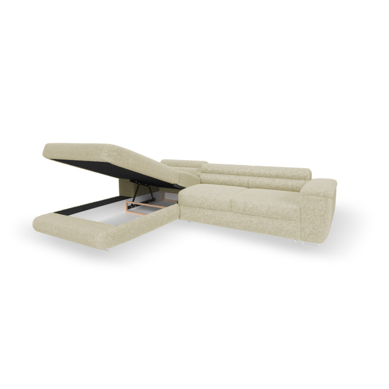 Ecksofa BONJOUR – Bouclé, Schlaffunktion, Bettkasten & Kopfstützen