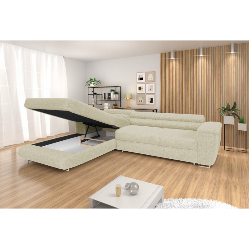 Ecksofa BONJOUR – Bouclé, Schlaffunktion, Bettkasten & Kopfstützen
