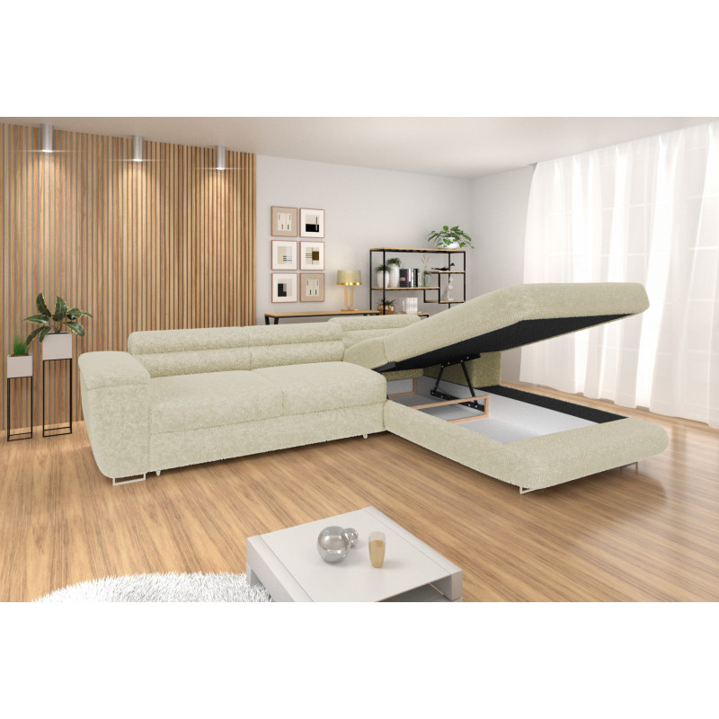 Ecksofa BONJOUR – Bouclé, Schlaffunktion, Bettkasten & Kopfstützen
