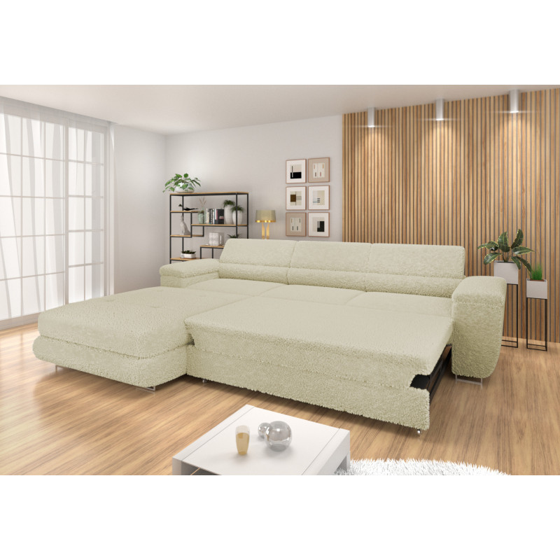 Ecksofa BONJOUR – Bouclé, Schlaffunktion, Bettkasten & Kopfstützen