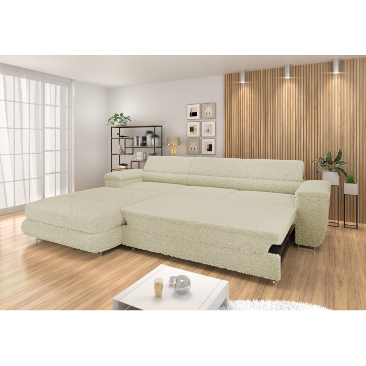 Ecksofa BONJOUR – Bouclé, Schlaffunktion, Bettkasten & Kopfstützen