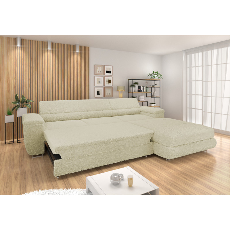 Ecksofa BONJOUR – Bouclé, Schlaffunktion, Bettkasten & Kopfstützen
