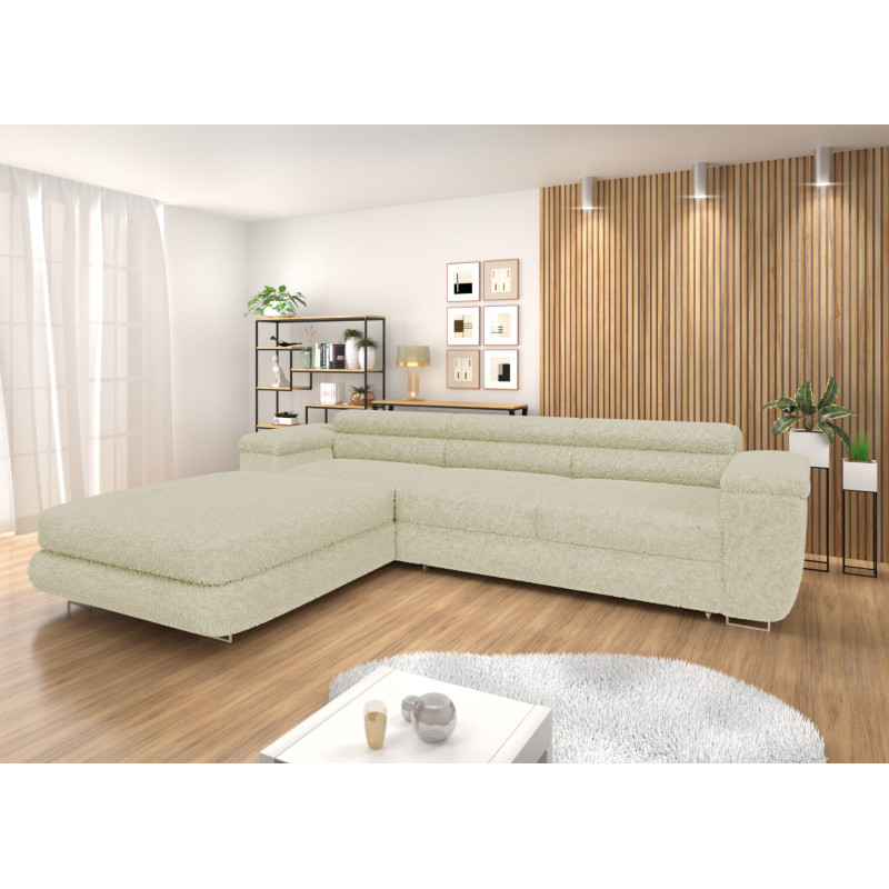 Ecksofa BONJOUR – Bouclé, Schlaffunktion, Bettkasten & Kopfstützen