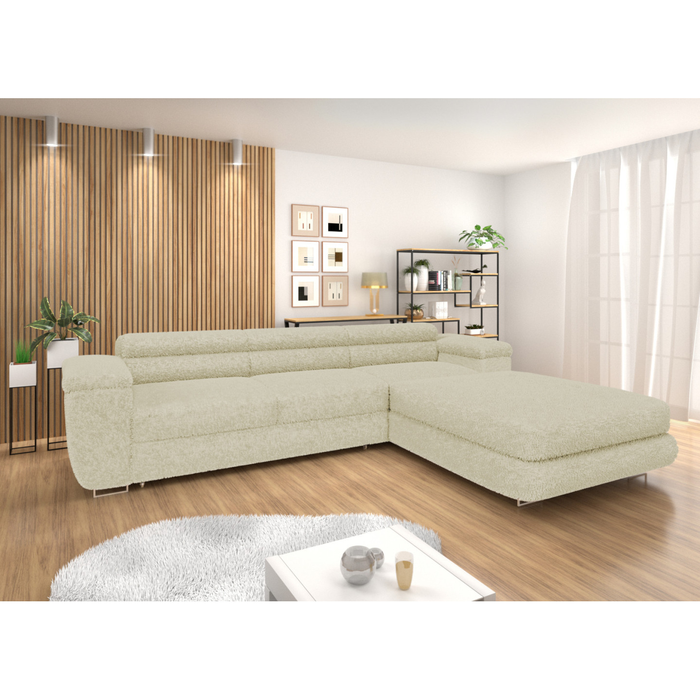 Ecksofa BONJOUR – Bouclé, Schlaffunktion, Bettkasten & Kopfstützen