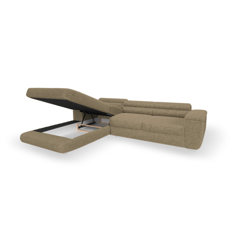 Ecksofa BONJOUR – Bouclé, Schlaffunktion, Bettkasten & Kopfstützen