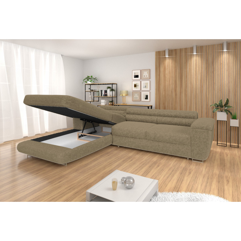 Ecksofa BONJOUR – Bouclé, Schlaffunktion, Bettkasten & Kopfstützen
