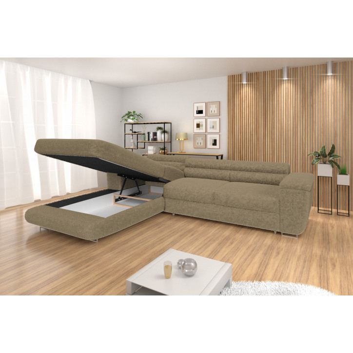 Ecksofa BONJOUR – Bouclé, Schlaffunktion, Bettkasten & Kopfstützen