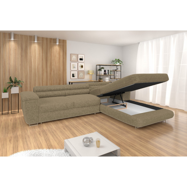 Ecksofa BONJOUR – Bouclé, Schlaffunktion, Bettkasten & Kopfstützen