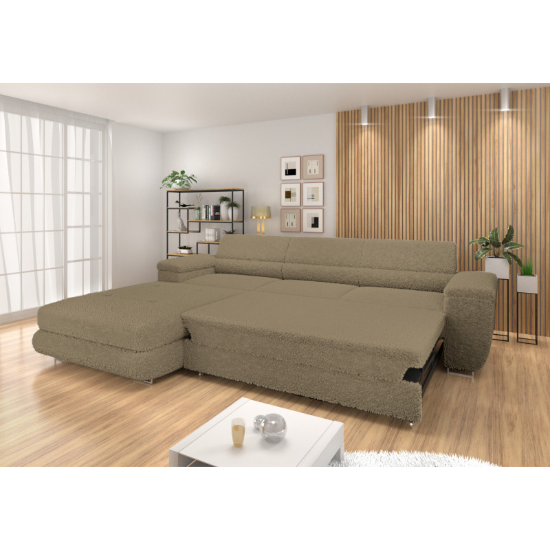 Ecksofa BONJOUR – Bouclé, Schlaffunktion, Bettkasten & Kopfstützen