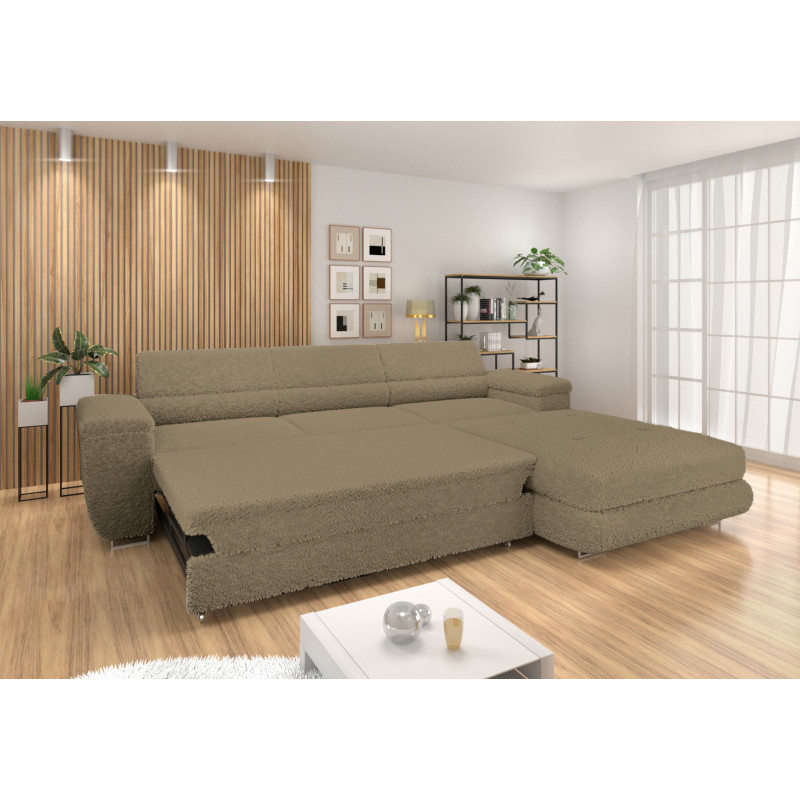Ecksofa BONJOUR – Bouclé, Schlaffunktion, Bettkasten & Kopfstützen