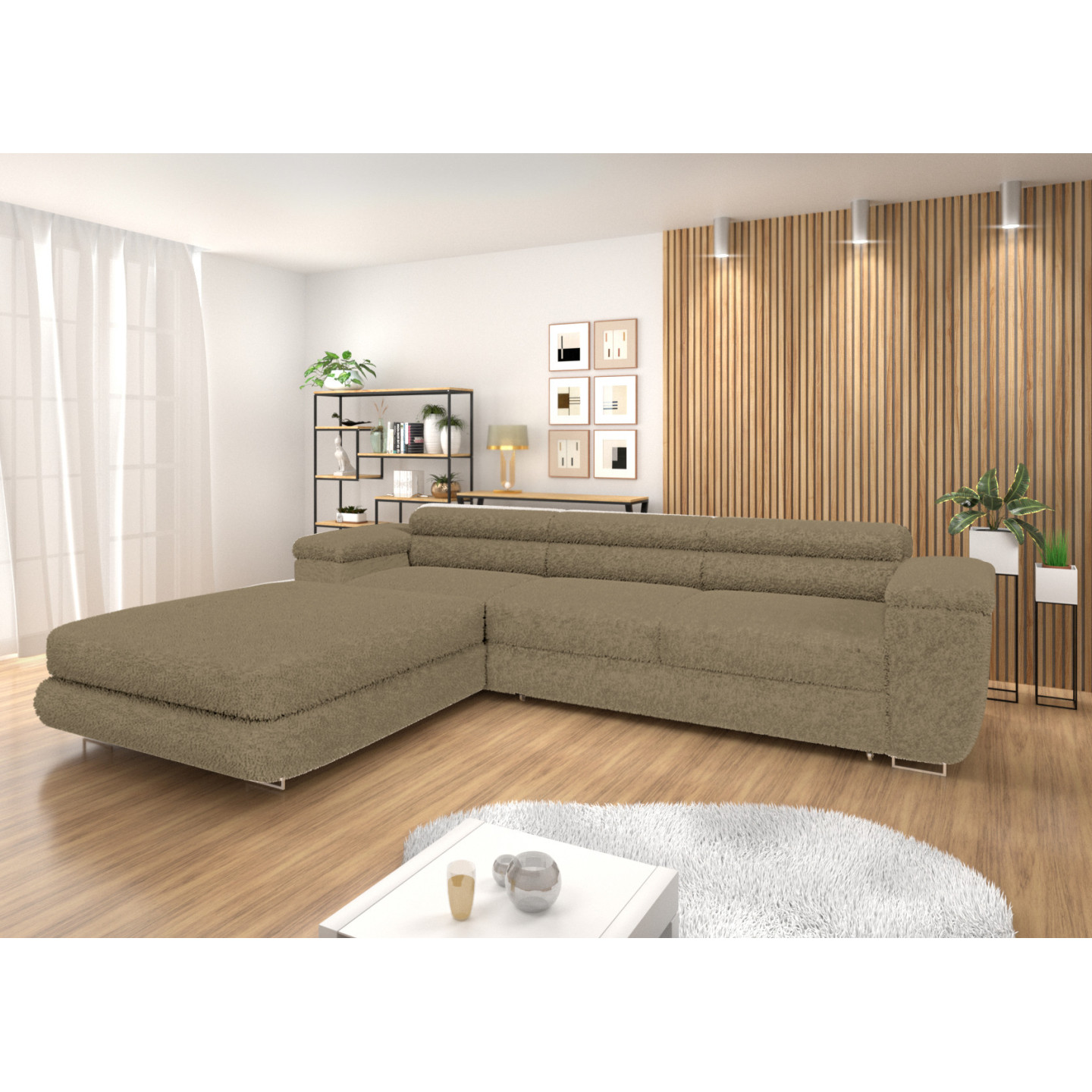 Ecksofa BONJOUR – Bouclé, Schlaffunktion, Bettkasten & Kopfstützen