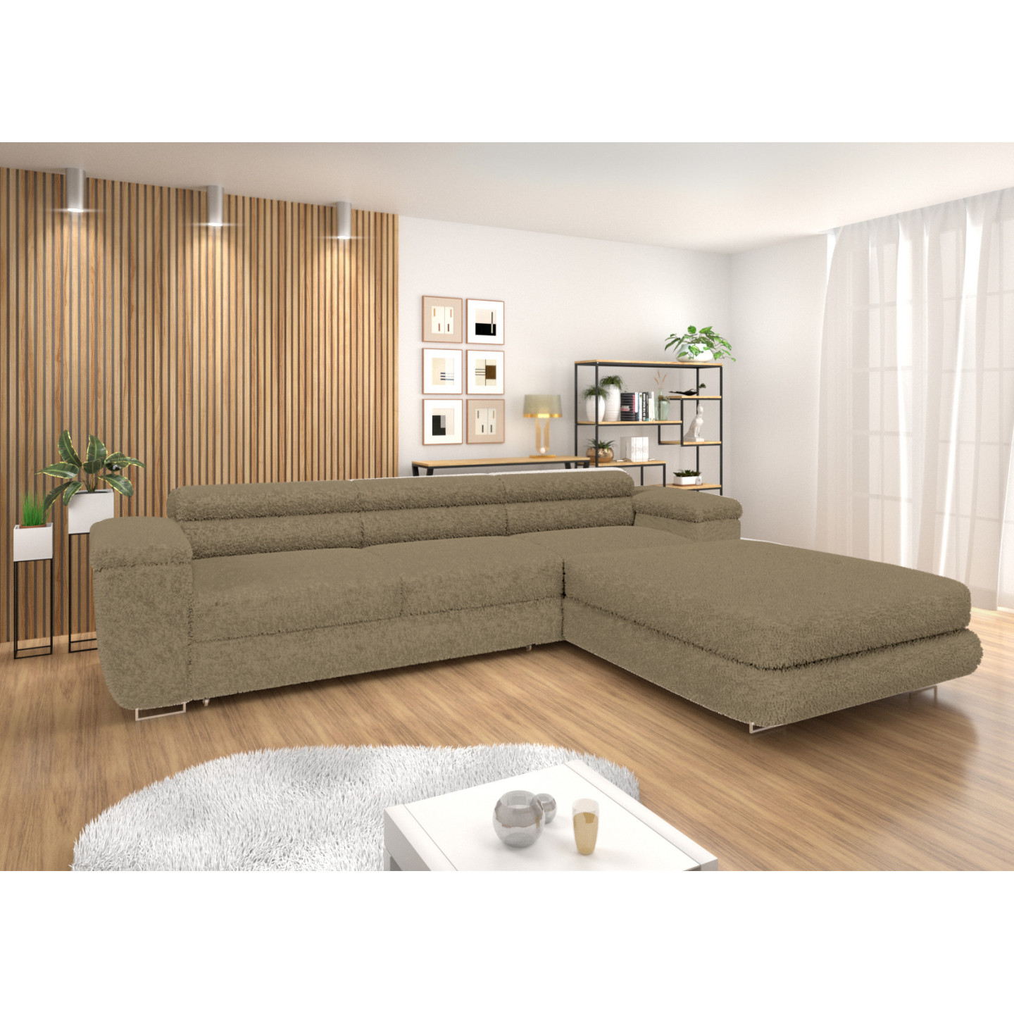 Ecksofa BONJOUR – Bouclé, Schlaffunktion, Bettkasten & Kopfstützen