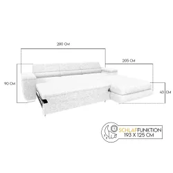 Ecksofa BONJOUR – Bouclé, Schlaffunktion, Bettkasten & Kopfstützen