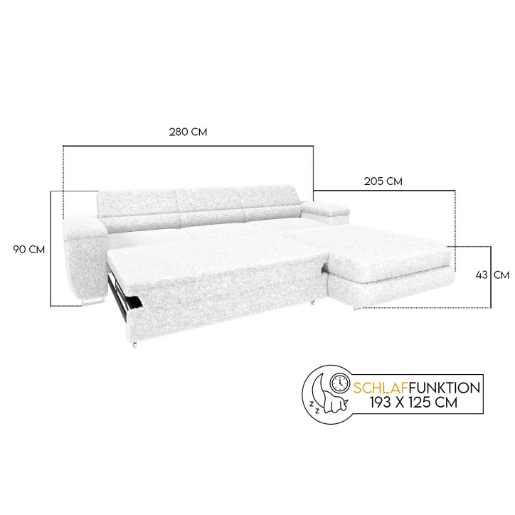 Ecksofa BONJOUR – Bouclé, Schlaffunktion, Bettkasten & Kopfstützen