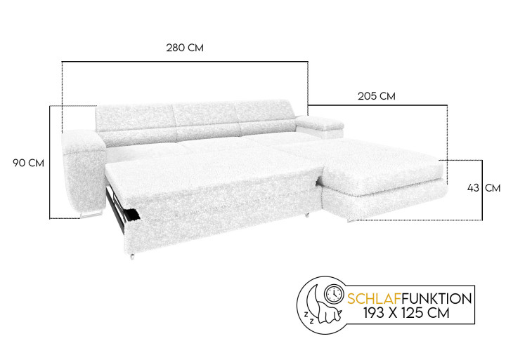 Ecksofa BONJOUR – Bouclé, Schlaffunktion, Bettkasten & Kopfstützen