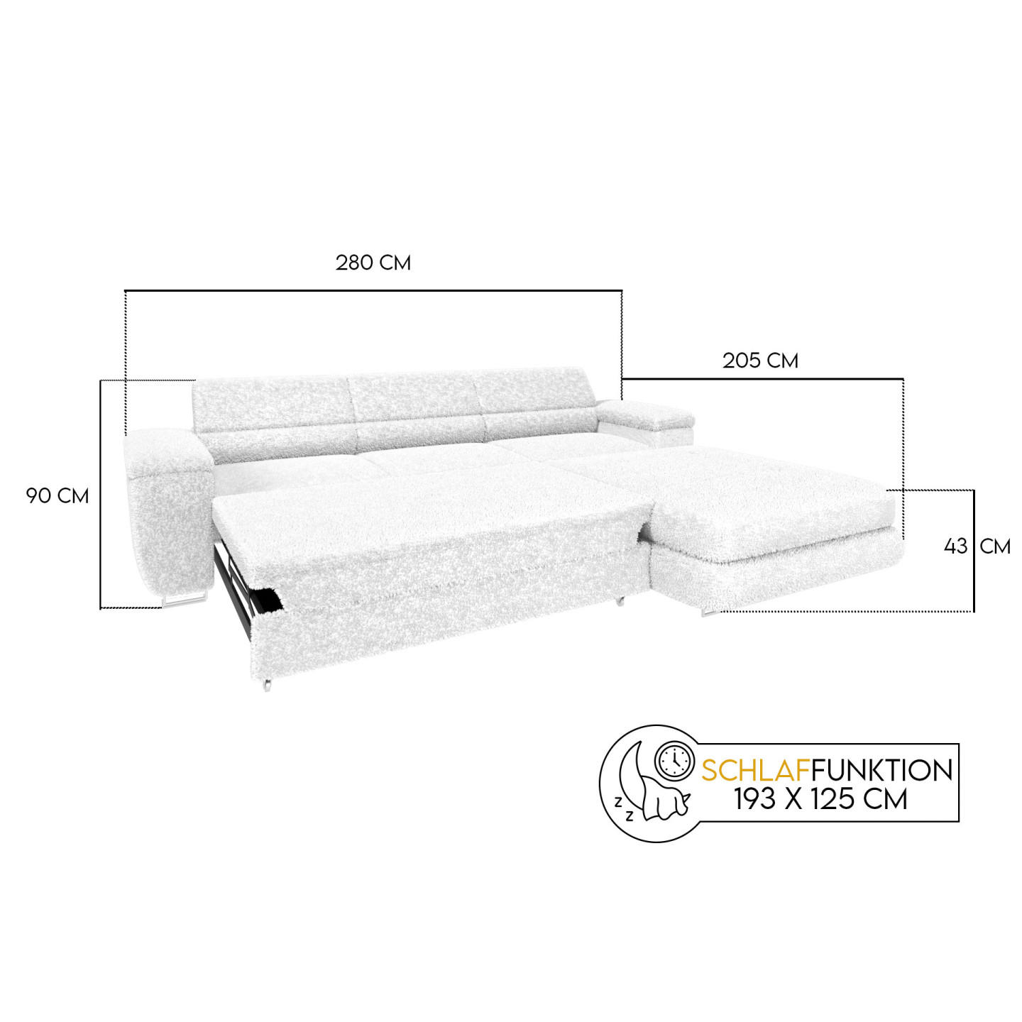Ecksofa BONJOUR – Bouclé, Schlaffunktion, Bettkasten & Kopfstützen