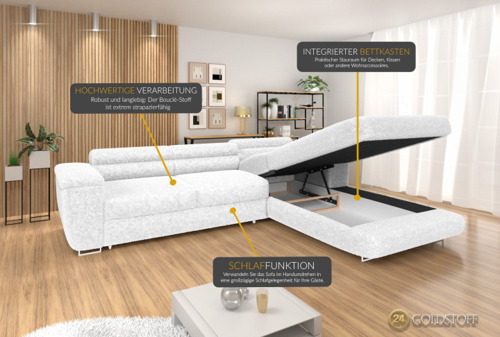 Ecksofa BONJOUR – Bouclé, Schlaffunktion, Bettkasten & Kopfstützen