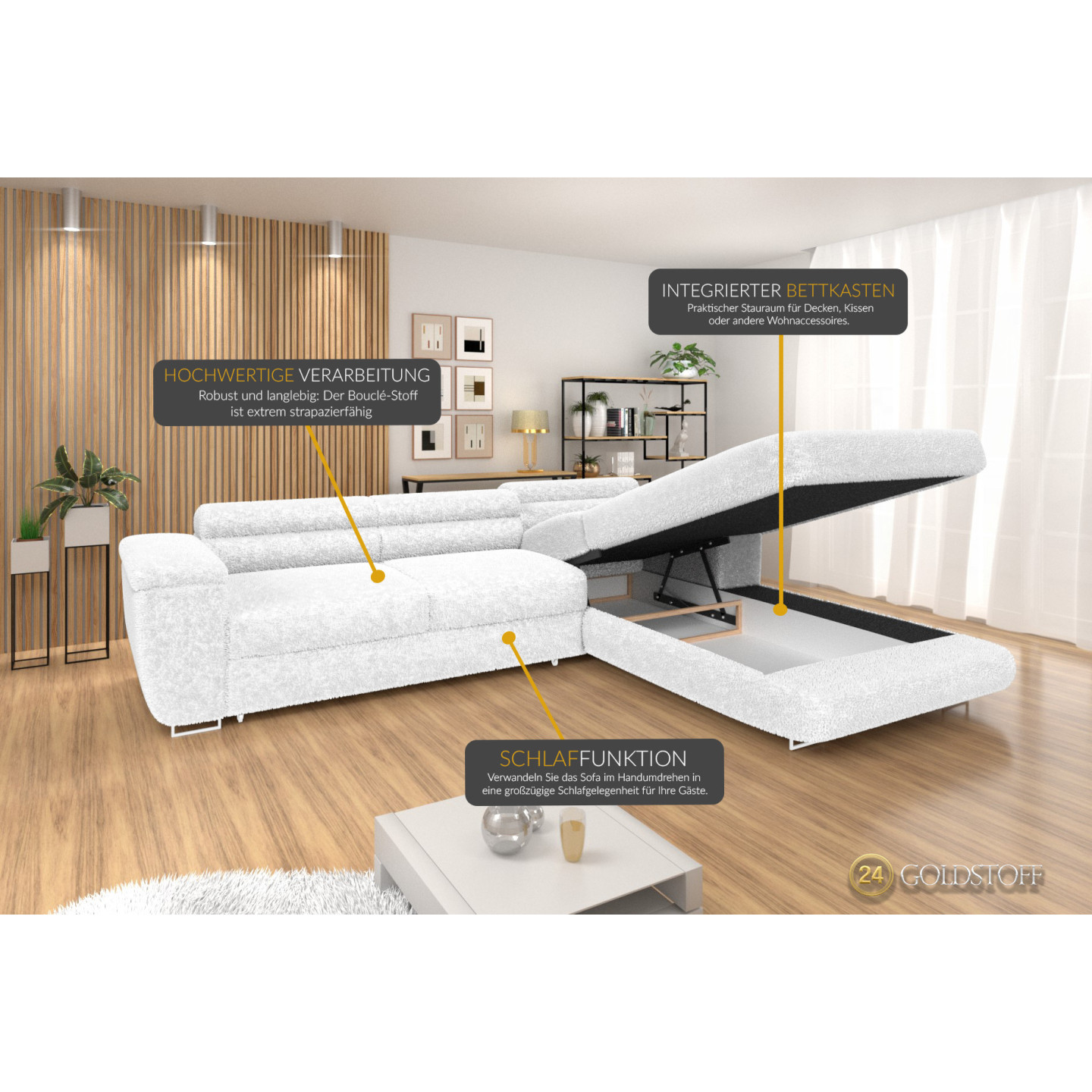 Ecksofa BONJOUR – Bouclé, Schlaffunktion, Bettkasten & Kopfstützen