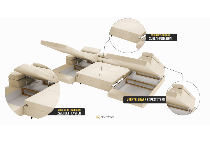 VENUS U-Form Ecksofa mit Schlaffunktion & Bettkasten | Goldstoff24