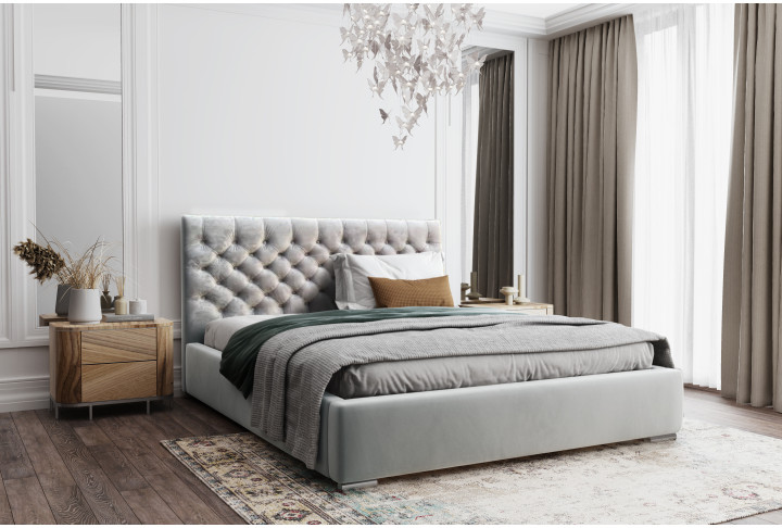 Designer Polsterbett FLORES mit Bettkasten silbergrau