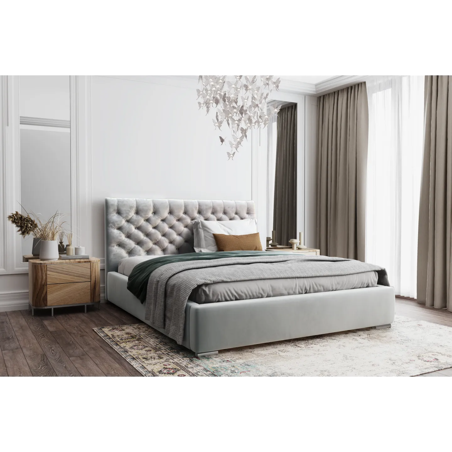 Designer Polsterbett FLORES mit Bettkasten silbergrau