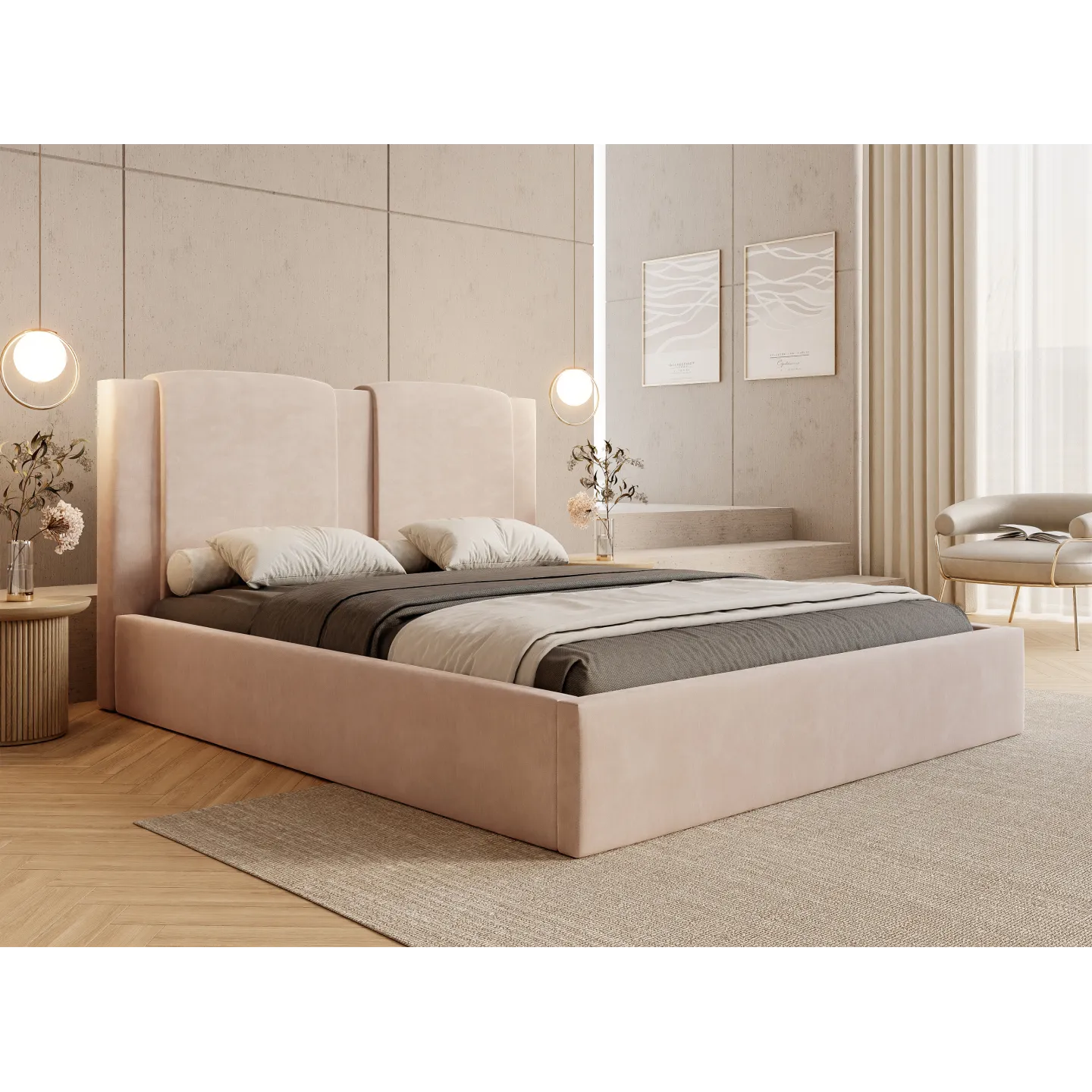 Polsterbett Marmaris | Samt Bett 140x200 bis 200x200 | Beige & Grau