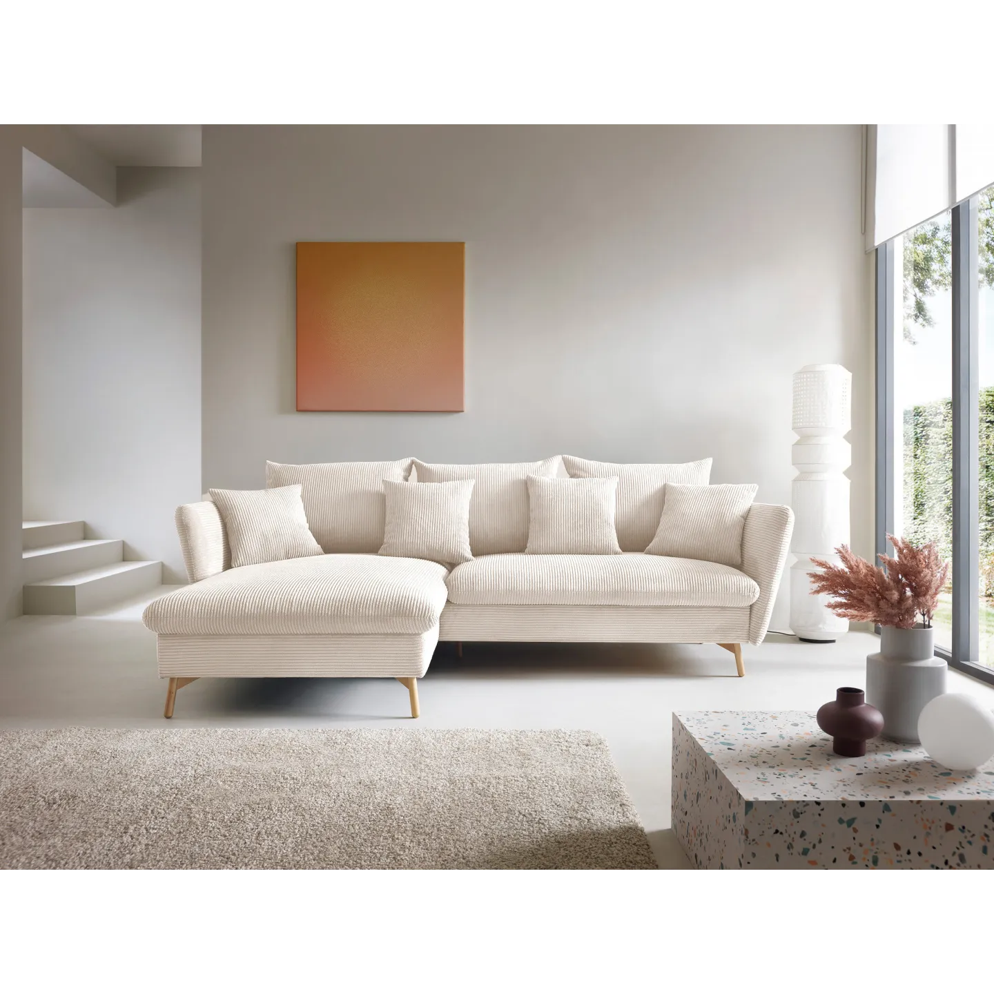 Ecksofa LUNA Cord Beige mit Schlaffunktion | Goldstoff24