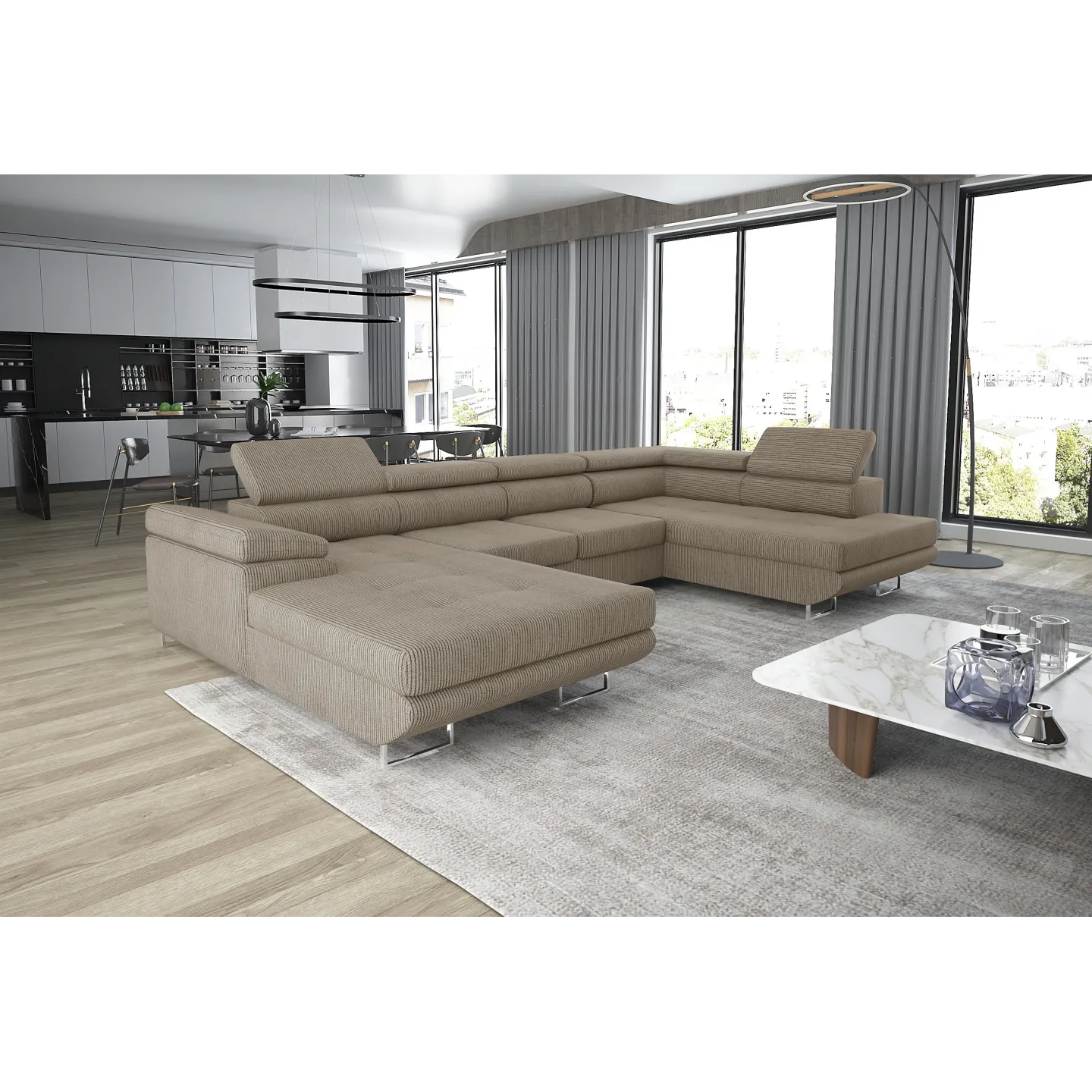 Schlafsofa mit Bettkasten GRENADA Cord U-Form | Goldstoff24