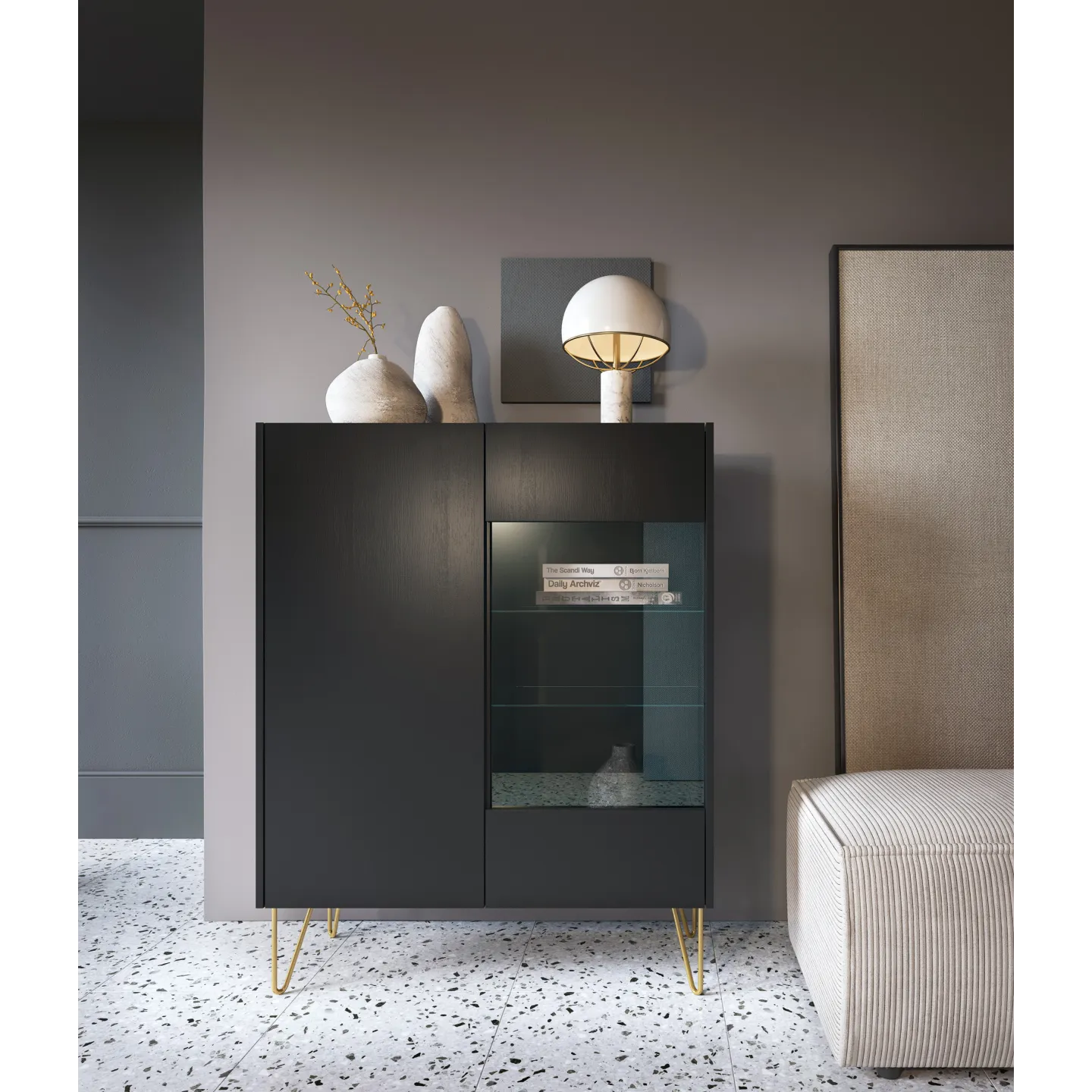 Harmony WT-97 Vitrine Schwarz Matt mit Glas & Gold