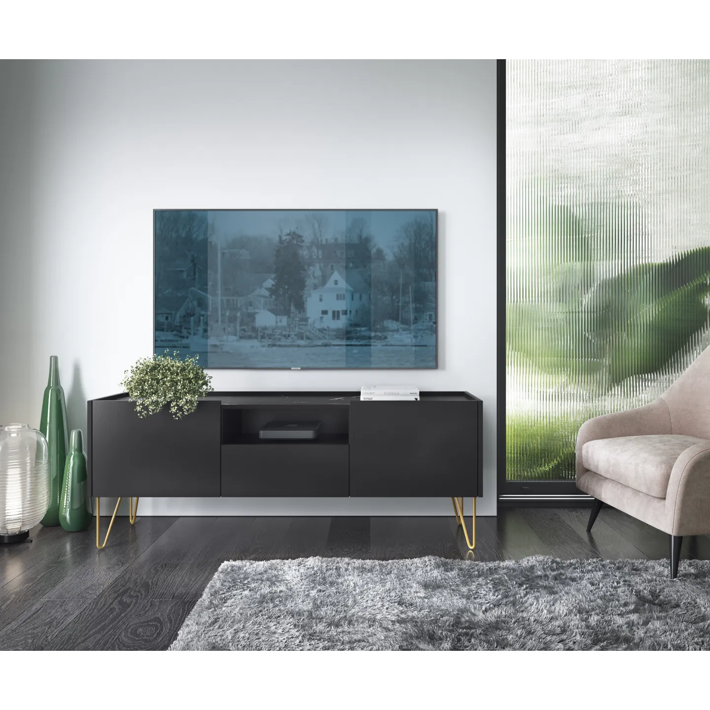 TV Lowboard Harmony RTV-144 Schwarz Matt mit Marmoroptik