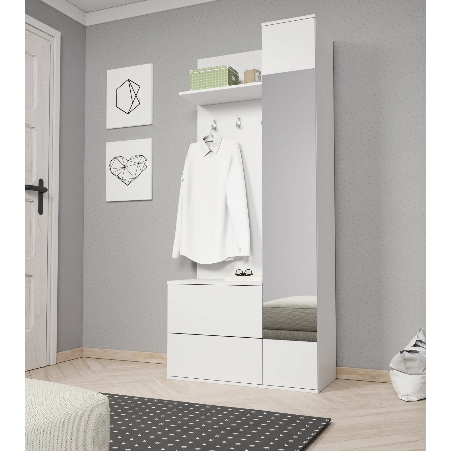 Garderobenset Green mit Sitzbank & Schuhschrank Weiß