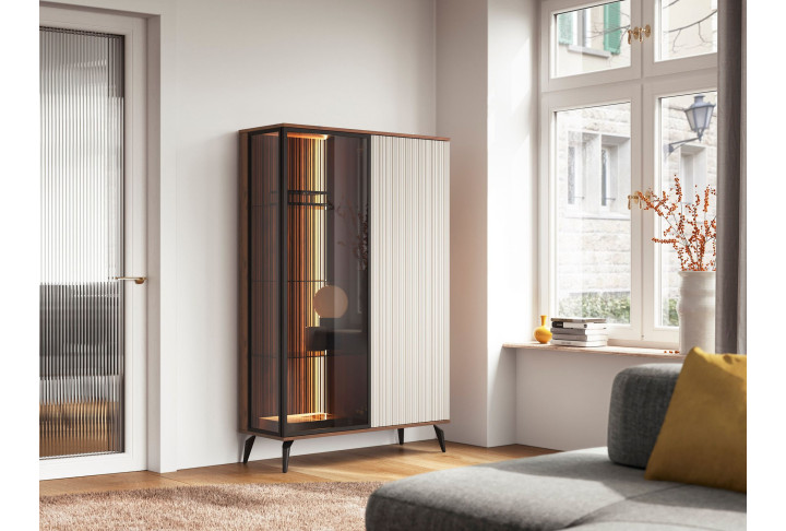 Vitrinenschrank VICI WT-103 mit Glasfront Weiß/Walnuss